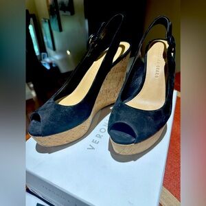 Veronica Beard Dali Black Suede Cork Wedge Sandals Slingback 7.5
